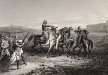Plukovník John Platt zabitý vzbouřenci v Mhow, 1. července 1857, z „Historie indické vzpoury“, vydané v roce 1858