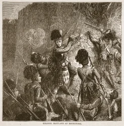 Plukovník Maitland v Bhurtpore, ilustrace z Cassells Illustrated History of India od Jamese Granta, hospoda. 1879