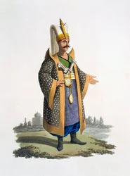 Plukovník janičářů s drahokamy a dýkami, 1818 (barevná akvatinta)