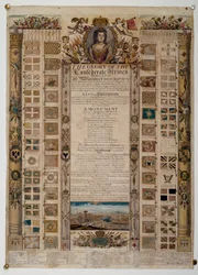 Pamětní tabulka zobrazující standardy zachycené od Francouzů po bitvě u Blenheimu, kolem roku 1704 (barevná rytina)