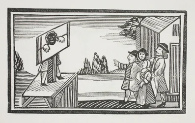 Odsouzen stát jednu hodinu nebo déle na pranýři, ilustrace z Chap-books of the Eighteenth Century od Johna Ashtona, hospoda. 1882