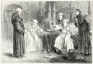 Konference mezi Thorpem a Arundelem, ilustrace z Historie protestantismu od Jamese Aitkena Wylie (1808-1890), hospoda. 1878