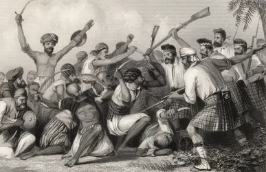 Konflikt s Ghazey před Bareilly 6. května 1858 z „Historie indické vzpoury“, vydané v roce 1858