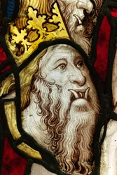Zachovalá část z Velkého východního okna v York Minster: „Pátý anděl zní na trubku a kobylky z bezedné jámy“