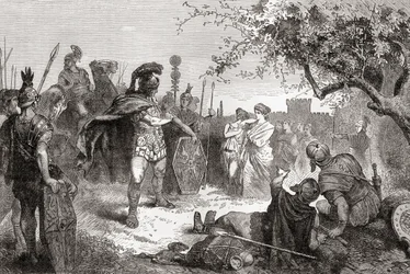 Coriolanus se po svém vyhnanství vrací do Říma jako nepřítel, z Wardovy a Lockovy ilustrované historie světa, vyd. cca 1882.