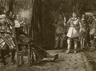 Rozhovor Cornet Joyces s Charlesem, ilustrace z Cassells Illustrated History of England (sépiová fotografie)