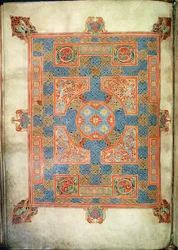 Cott Nero D. IV, f.94v Kobercová stránka otevírající evangelium sv. Marka, z Lindifarnských evangelií, 710-721 (vellum)