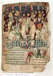 Cott Vitt A XIII f.3v William zabíjející Harolda v bitvě u Hastingsu, z „Dekretů králů anglosaské a normanské Anglie“ (vellum)
