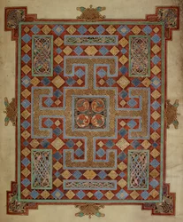 Cotton Nero D. IV, f.138v Kobercová stránka představující evangelium svatého Lukáše, z Lindisfarnských evangelií, 710-21 (vellum)