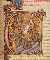 Cotton Nero D VI fol.31 Eduard III. uděluje Černému princi akvitánské knížectví