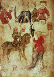 Bavlna Nero Ms A X, f.94v: Bezhlavý zelený rytíř v Arthur