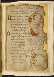 Bavlna Vitellius A. XV f.106r, Muž sedící na polštáři pod obloukem; dvě catini, zvířata s otevřenou tlamou jako psi; muž v róbě s holí, natahující ruku k jinému muži, ilustrace od Beowulfa, z „Nowellova kodexu“ (inkoust na pergamenu)