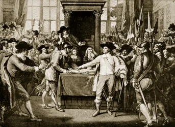 Cromwell rozpouští Dlouhý parlament, 1653, ilustrace z knihy Hutchinsons Story of the British Nation, cca 1923.