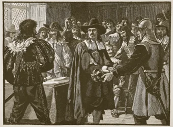 Cromwell rozpouští Dlouhý parlament, ilustrace z Cassells Illustrated History of England (sépiová fotografie)