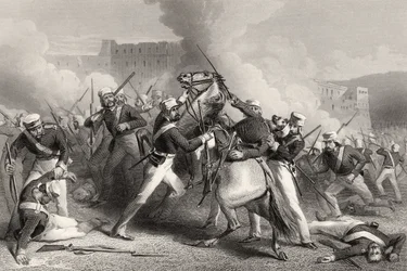Smrt brigádního generála Adriana Hopea při útoku na Fort of Roodmow, 15. dubna 1858, z „Historie indické vzpoury“ vydané v roce 1858