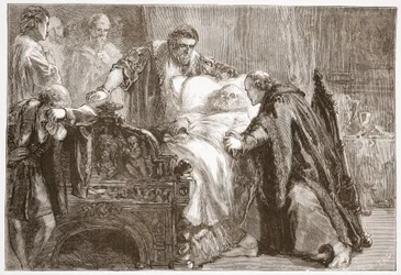 Smrt Frederika Moudrého, saského kurfiřta, ilustrace z Dějin protestantismu od Jamese Aitkena Wylie (1808-1890), pub. 1878