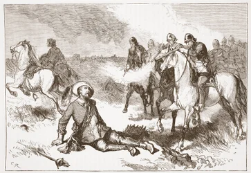 Smrt Gustava Adolpha, ilustrace z Dějin protestantismu od Jamese Aitkena Wylie (1808-1890), hospoda. 1878