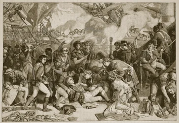 Nelsonova smrt, ilustrace z Cassells Illustrated History of England (sépiová fotografie)