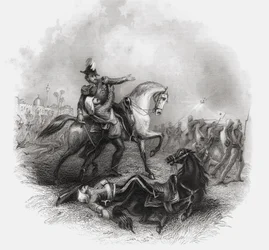 Smrt sira Henryho Montgomeryho Lawrence z „Historie indické vzpoury“ publikované v roce 1868