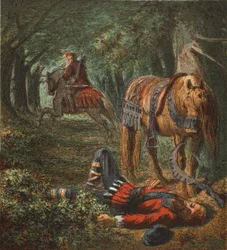 Smrt Viléma Druhého, hospoda. 1890 (barevná litografie)