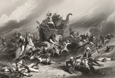 Porážka armády Peishwas před Jhansi generálem Rose dne 1. dubna 1858 z „Historie indické vzpoury“ vydané v roce 1858