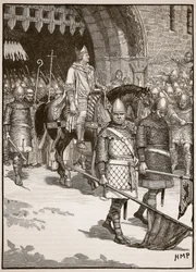 Odjezd biskupa Oda z Rochesteru, ilustrace z Cassells Illustrated History of England (sépiová fotografie)