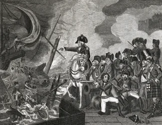 Zničení dělových člunů před Gibraltarem, vyryto H. Cookem, 1816
