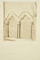 Detail architektury ve vchodu do městské školy [Nemocnice královny Alžběty], Vánoční ulice (tužka a akvarel na papíře)