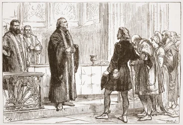 Dr Haller vydává večeři Páně v Bernské katedrále, ilustrace z Historie protestantismu od Jamese Aitkena Wylie (1808-1890), hospoda. 1878