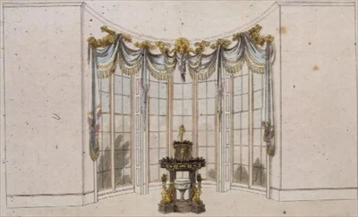 Okenní závěs a žardiniéra v obývacím pokoji, deska 101 z Ackermannova uměleckého sborníku, vydávaného v letech 1809-28 (barevná litografie)