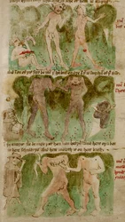 „Kresby monstrózních ras v království Dondun, včetně kyklopů, kanibalských obrů a blemmyae“, ilustrace z „Cestování sira Johna Mandevilla“ (inkoust a barva na pergamenu)