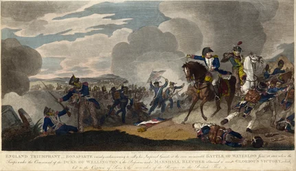 ANGLICKÝ TRIUMPHANT. Napoleon se pokouší shromáždit císařskou gardu v bitvě u Waterloo, c. 1815 (rytina)