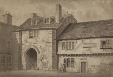 Východní pohled na bránu do opatství St Saviour, Bermondsey, kolem roku 1825 (pero, tužka a mytí na papíře)