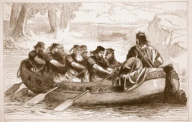 Edgar Tichý vesluje po řece Dee s osmi přítokovými knížaty, ilustrace z Cassells Illustrated History of England (sépiová fotografie)