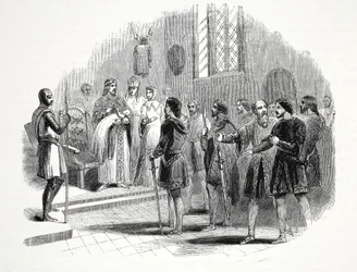 Edward První představuje velšským náčelníkům prince narozeného mezi nimi na zámku Rhuddlan