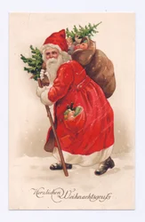 Edvardiánská pohlednice Otce Vánoc s vánočním stromkem a pytlem hraček přes rameno, asi 1910 (barevná litografie)