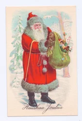 Edvardiánská pohlednice Otce Vánoc s pytlem hraček, cca 1910 (barevná litografie)