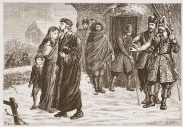 Vyhození maďarského protestantského pastora v zimním období, ilustrace z Historie protestantismu od Jamese Aitkena Wylie (1808-1890), hospoda. 1878