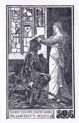 Elaine spojuje rukáv kolem helmy sira Lancelota, ilustrace z „Kniha romantiky“ vydaná společností Longmans Green and Co