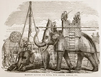 Slon vybavený pro bitvu, s brněním, howdah atd., ilustrace z Cassells Illustrated History of India od Jamese Granta, hospoda. 1879