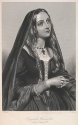 Elizabeth Woodville, královna Edwarda IV., ilustrace z „Životopisných náčrtů královen Velké Británie... aneb Královská kniha krásy“ od Mary Howitt