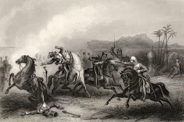 Setkání mezi Lieutenant Hills a skupinou Sepoy Cavalry, z „Historie indické vzpoury“, vydané v roce 1858