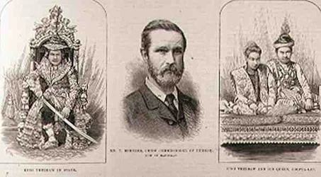 Expedice do Horní Barmy: Král Theebaw (1858-1916) ve státě, pan T. Bernard, hlavní komisař Barmy, nyní v Mandalay, král Theebaw a jeho královna Soopya-Lat z The Illustrated London News,