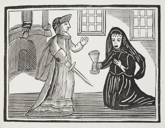 Fair Rosamond je otrávena královnou Eleanor, ilustrace z Chap-books of the Eighteenth Century od Johna Ashtona, hospoda. 1882