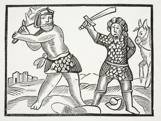 Ferragus pozvedá mocnou armádu a obléhá město Acquitain, ilustrace z Chap-books of the Eighteenth Century od Johna Ashtona, hospoda. 1882