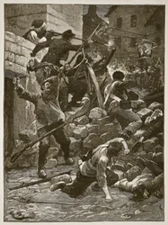Boje na barikádách v Paříži, ilustrace z Cassells Illustrated History of England (sépiová fotografie)