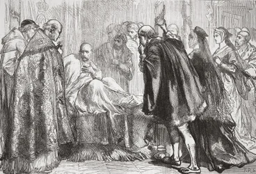 František I. na smrtelné posteli, ilustrace z Dějin protestantismu od Jamese Aitkena Wylie (1808-1890), hospoda. 1878