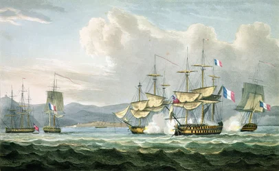 Akce fregaty ve Vizagapatam Roads, mimo Indii, 18. září 1804, vyryto T. Sutherlandem pro The Naval Chronology of Great Britain od J. Ralfe, vydáno 1820
