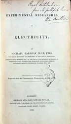 Frontispis for Experimental Researches in Electricity od Michaela Faradaye (1791-1867) vydaný v roce 1839