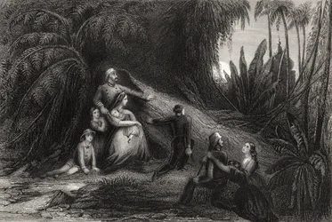 Důstojníci na útěku se svými rodinami, kteří se skrývají ve fialové barvě, z „Historie indické vzpoury“ vydané v roce 1858